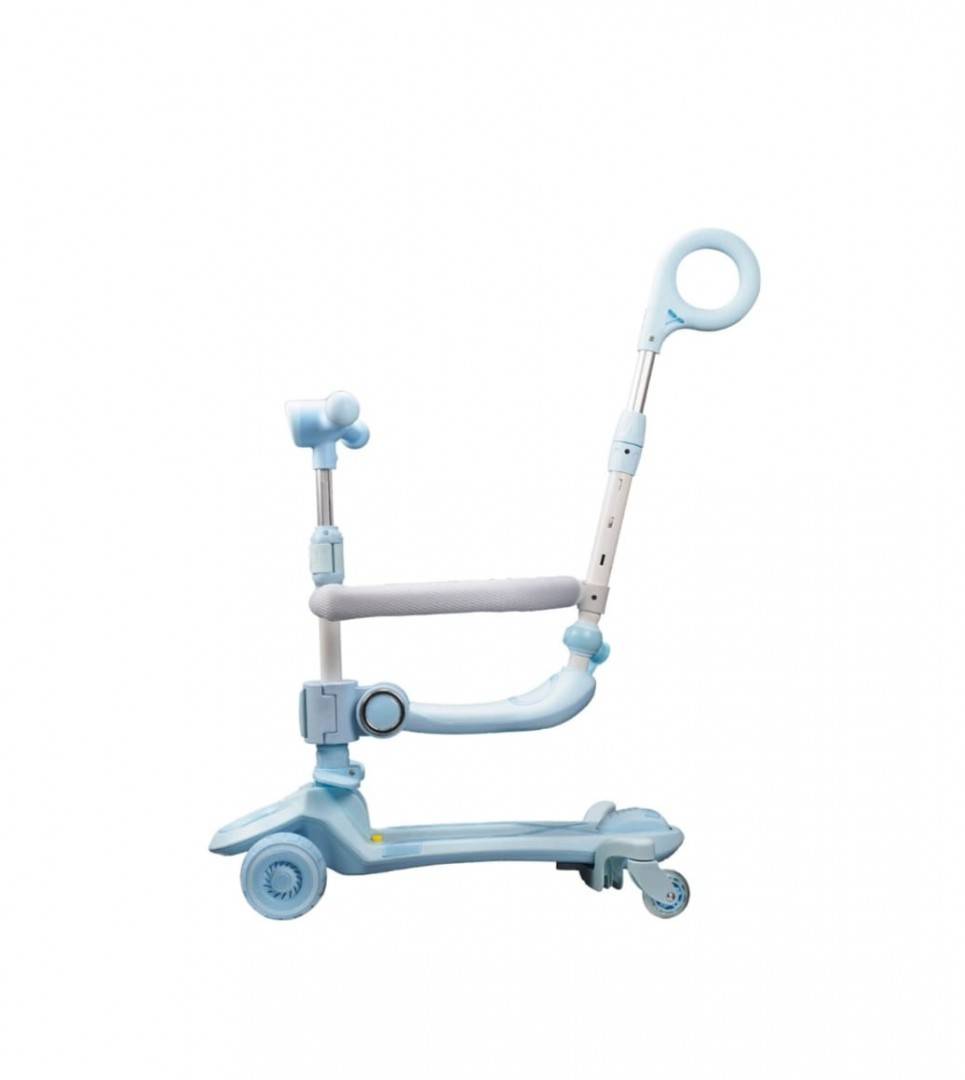Trotineta pentru copii, 7 in 1 cu scaun, protectii laterale, maner de impins, limina frontala, roti luminoase si ghidon reglabil, blue, 1 an+