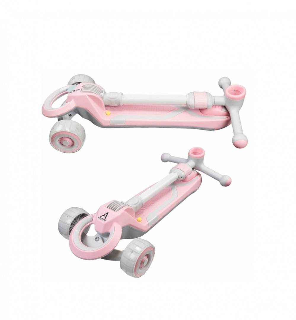 Trotineta pentru copii, 7 in 1 cu scaun, protectii laterale, maner de impins, limina frontala, roti luminoase si ghidon reglabil, roz, 1 an+