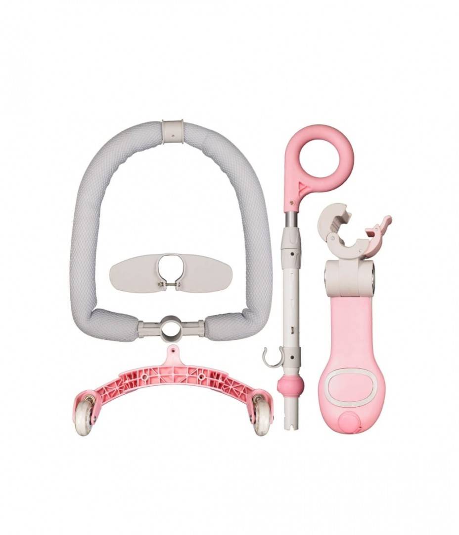Trotineta pentru copii, 7 in 1 cu scaun, protectii laterale, maner de impins, limina frontala, roti luminoase si ghidon reglabil, roz, 1 an+