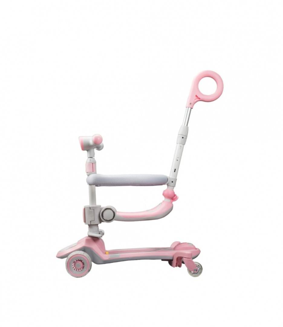 Trotineta pentru copii, 7 in 1 cu scaun, protectii laterale, maner de impins, limina frontala, roti luminoase si ghidon reglabil, roz, 1 an+