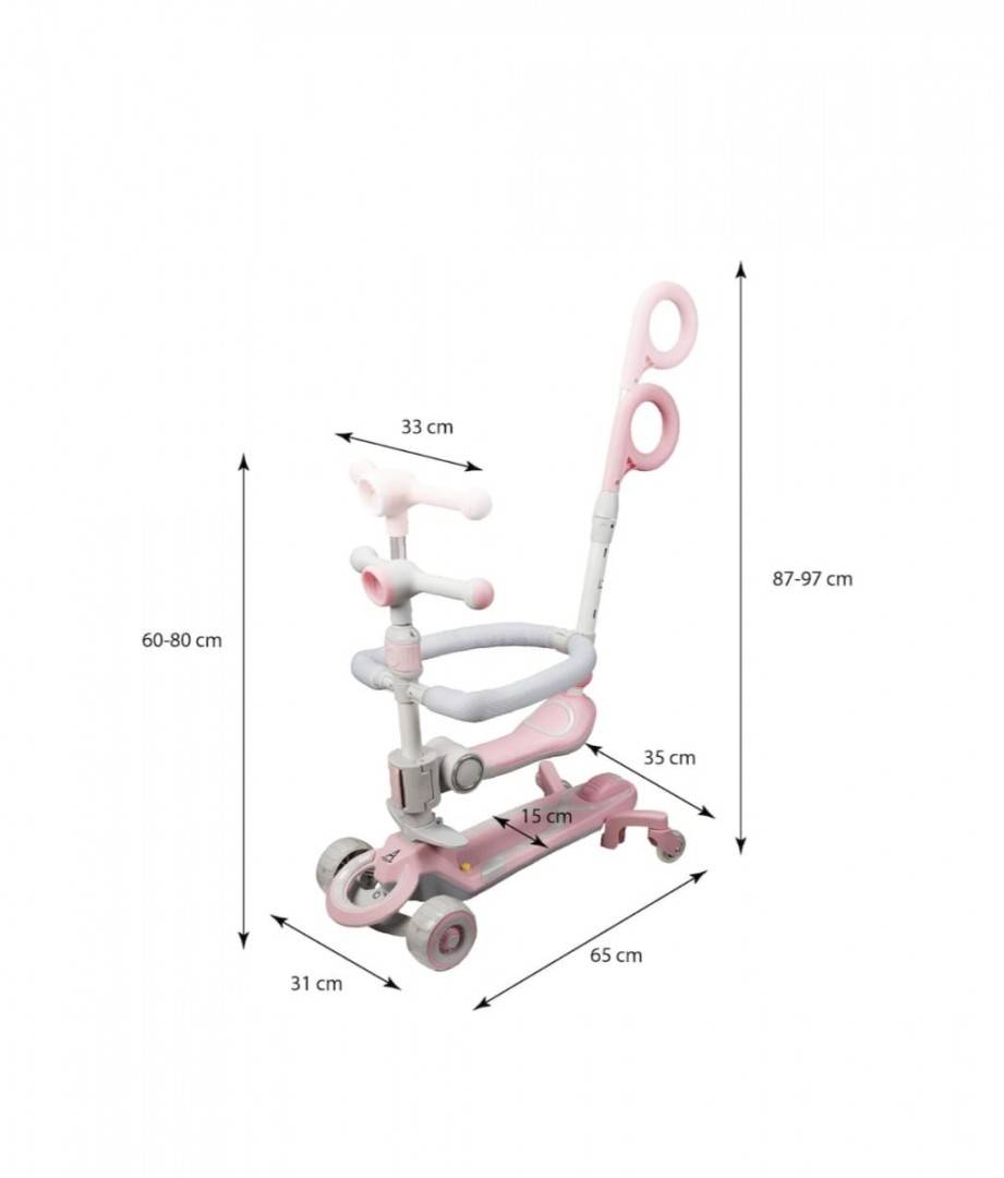 Trotineta pentru copii, 7 in 1 cu scaun, protectii laterale, maner de impins, limina frontala, roti luminoase si ghidon reglabil, roz, 1 an+