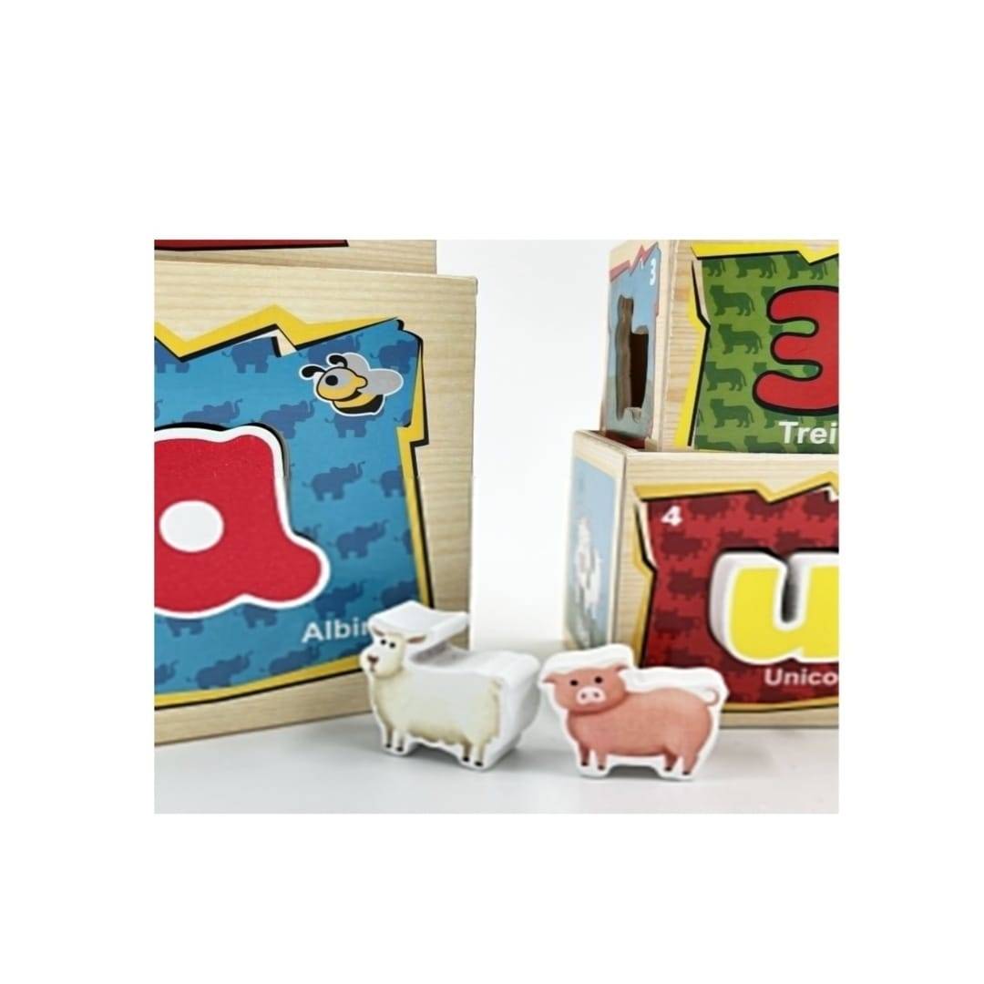 Turn de sortat si stivuit, 8 in 1, limba romana, Cifre si animalute, multicolor, lemn, 71 cm, 18 luni+
