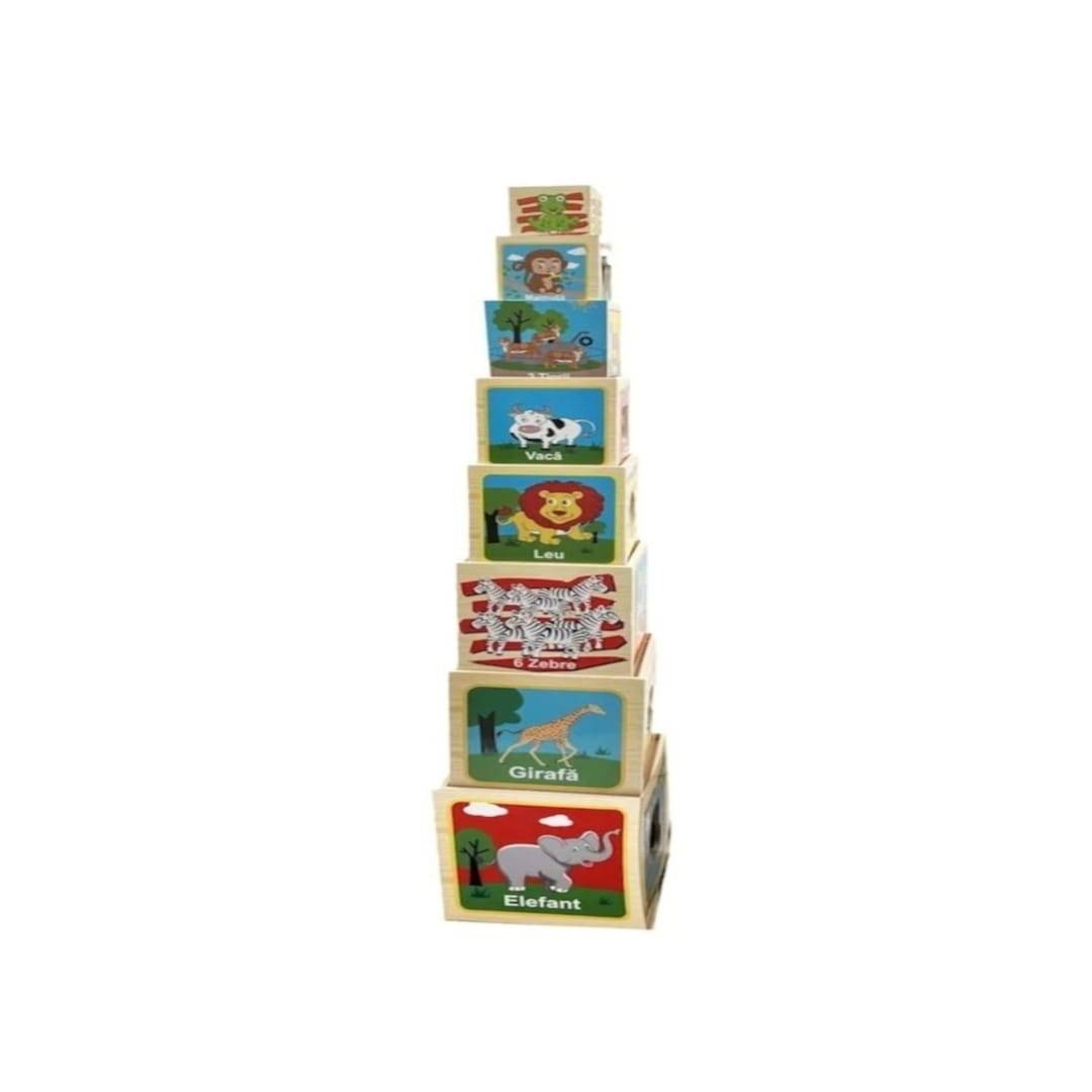 Turn de sortat si stivuit, 8 in 1, limba romana, Cifre si animalute, multicolor, lemn, 71 cm, 18 luni+