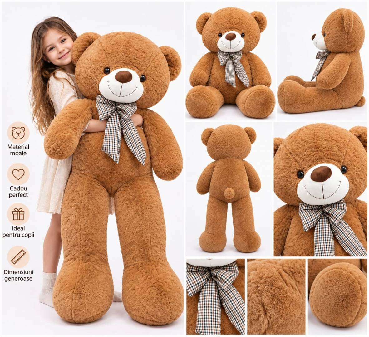 Ursuleț de pluș, cu fundă decorativă, moale și pufos, 110 cm, maro