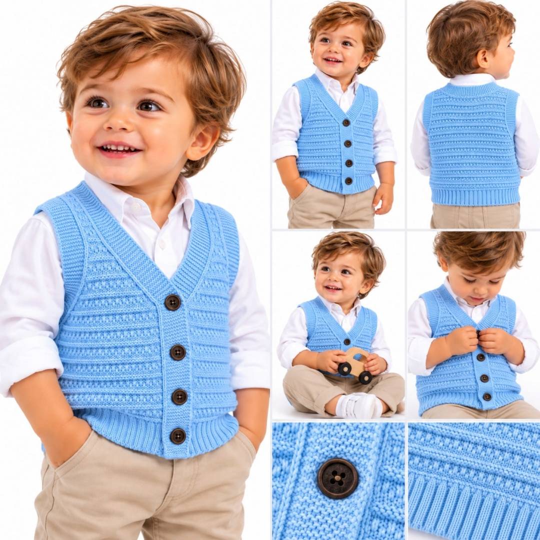 Vestă copii tricotată, cu nasturi, decolteu în V, blue, 12 luni - 36 luni