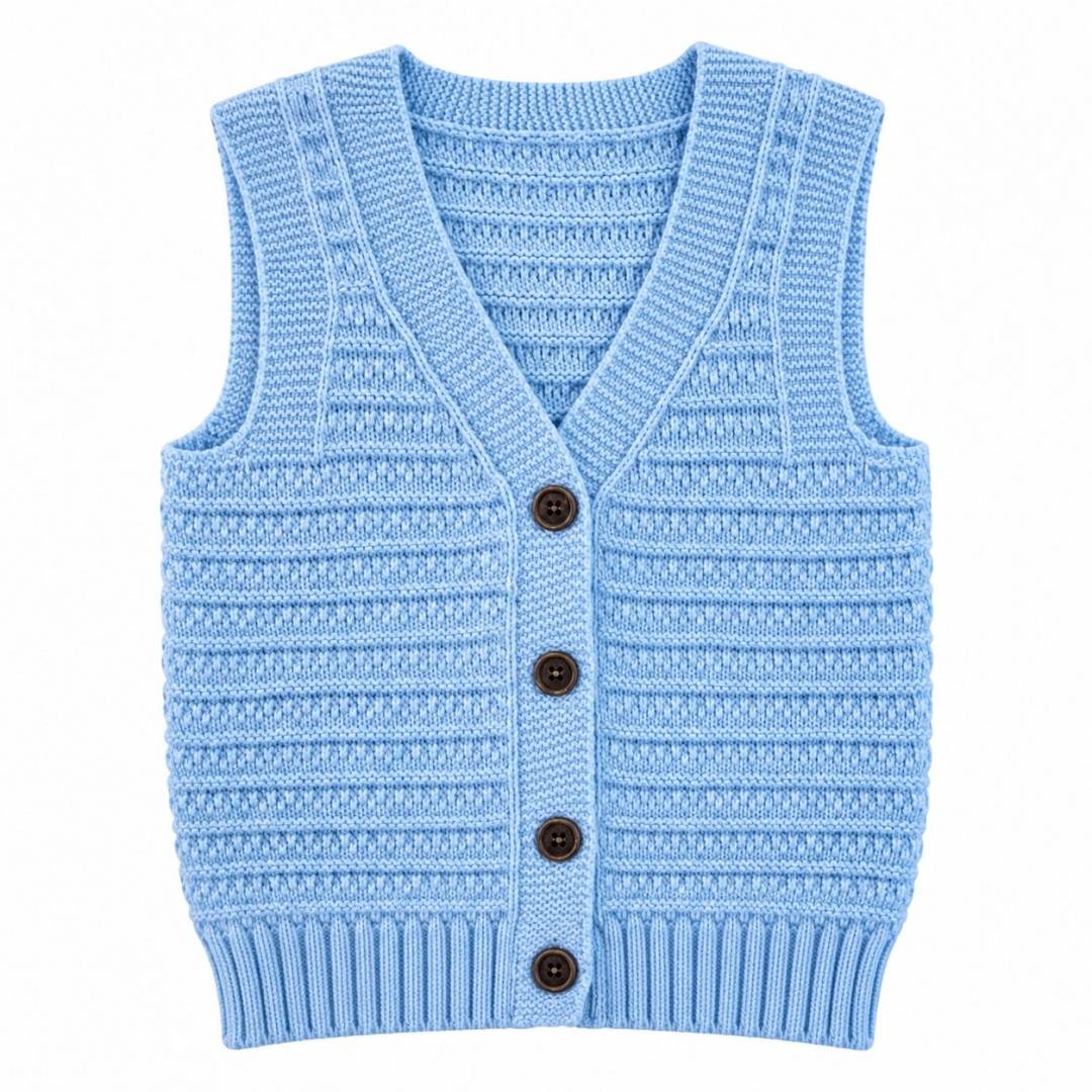 Vestă copii tricotată, cu nasturi, decolteu în V, blue, 12 luni - 36 luni