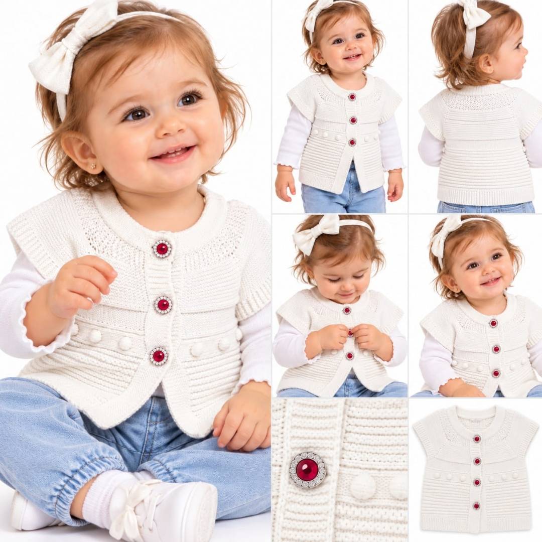 Vestă Tricotată pentru fetițe, Elegantă, cu Nasturi Decorativi, bej deschis, 12 ani - 36 luni