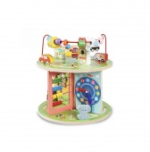 Centru activitati educative, Montessori, 7 in 1, roti zimtate, cuburi rotative, abac, ceas, labirint, 3D, bile si masinute, lemn, multicolor