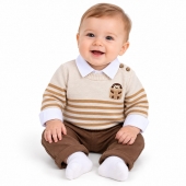 Compleu bebeluși 3 piese, pulover cu dungi și ursuleț, cămașă și pantaloni, 6 luni - 24 luni