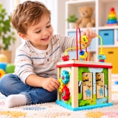 Cub cu activitati Montessori, educativ 5 in 1, lemn, multicolor, 2 ani+