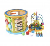 Cub Educativ din Lemn 8 in 1, 6 pereti cu functii si activitati, intercalar colorat, Ceas, Puzzle, Labirinturi, abacus, sah, multicolor