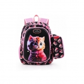 Ghiozdan scolar pentru fetite, model Pisica, penar asortat, mov inchis, 6 ani - 9 ani, 38 x 28 x 15