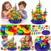 Găletușă cu 208 piese de construcție, model Flori, roz/mov, 3+ ani