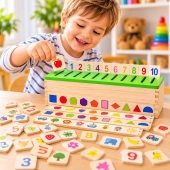  Joc sortare si asociere, Cutie de clasificare a cunostintelor, 88 piese din lemn, multicolor, 3 ani+