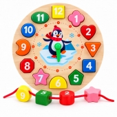 Jucarie educativa, Montessori, Ceas Pinguin, 12 piese, lemn, multicolor, 17 cm, 3 ani+