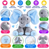  Jucarie interactiva, Elefant Cucu Bau, canta si vorbeste in limba romana, gri/albastru, 35 cm, 1 an+