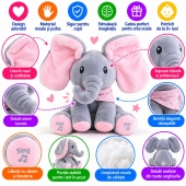 Jucarie interactiva, Elefant Cucu Bau, canta si vorbeste in limba romana, gri/roz, 35 cm, 1 an+