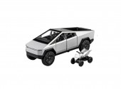 Macheta metal mecanica, model Tesla Cybertruck, ATV inclus, sunete, usi mobile, capota mobila, portbagaj mobil, gri deschis, 22 cm