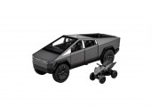 Macheta metal mecanica, model Tesla Cybertruck, ATV inclus, sunete, usi mobile, capota mobila, portbagaj mobil, gri inchis, 22 cm