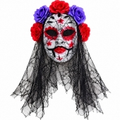 Mască Halloween pentru copii, model Mireasă înfricoșătoare cu flori și voal, multicolor, 6+ ani