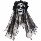 Mască Halloween pentru copii, model Mireasă înfricoșătoare cu flori și voal, negru/alb, 6+ ani