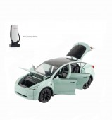 Masinuta metal mecanica, model Tesla Model Y, statie de alimentare, usi mobile, capota mobila, portbagaj mobil, verde deschis, 19.5 cm