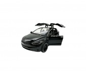 Masinuta metal, Tesla 3V, scara 1:28, sunete, usi mobile, capota mobila, portbagaj mobil, negru, 15 cm