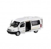 Masinuta metalica mecanica, tip Mercedes Benz Sprinter, scara 1:32, usi mobile, portbagaj mobil, alb, 14 cm