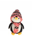 Pinguin de plus, realist, caciula si fular, roz/multicolor, 30 cm