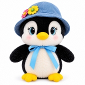 Pinguin de plus, realist, cu palarie, albastru/negru, 25 cm