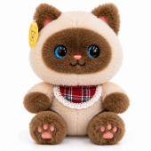 Pisică de pluș cu ochi albaștri, moale și pufoasă, cu bavețică decorativă, 25 cm, crem/maro
