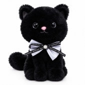 Pisică de pluș neagră, cu fundiță decorativă, moale și pufoasă, 25 cm