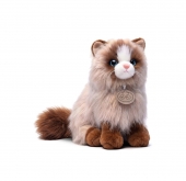 Pisică de pluș realistă, moale și pufoasă, bej cu maro, 30 cm