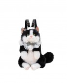 Pisica de plus, realista, tip rucsac, negru/alb, 40 cm