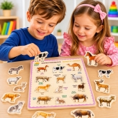 Puzzle din lemn 3D Animale domestice, in limba romana, 31 cm, 3 ani+
