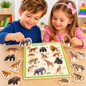 Puzzle din lemn 3D Animale Salbatice in limba romana, 31 cm, 3 ani +