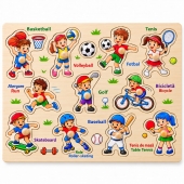 Puzzle din lemn cu maner, model Activitati Sportive, lemn, 3 ani+
