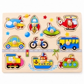 Puzzle incastru cu butoni, model Vehicule, lemn, 3 ani+