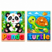  Set 2 Puzzle din lemn, Broasca Testoasa si Panda, 16 piese, multicolor, 2 ani+