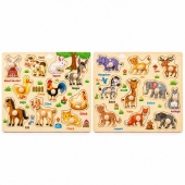 Set 2 Puzzle din lemn cu incastru educativ, Animale Domestice si Salbatice, in romana, , 20 piese, 3 ani+