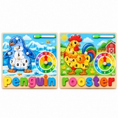 Set 2 Puzzle reversibil, Cocos si Pinguin, Ceas, 2 in 1, 34 piese, 2buc, lemn, multicolor, 3 ani+