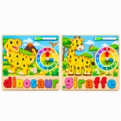  Set 2 Puzzle reversibil, Dinosaur, Giraffe, 2 in 1, 34 piese, 2 buc, lemn, multicolor, 3 ani+