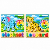  Set 2 Puzzle reversibil, Elefant si Leopard, Ceas, 2 in 1, 34 piese, 2 buc, lemn, multicolor, 3 ani+