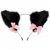 Set accesorii fetite, urechi de pisica cu blanita si fundite, pentru petreceri si Halloween, negru/roz