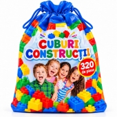 Set Cuburi de Construcție pentru copii, joc educativ și creativ, 320 cuburi multicolore, săculeț pentru depozitare, 3 ani +