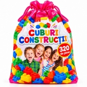 Set Cuburi de Construcție pentru copii, joc educativ și creativ, 320 cuburi multicolore, săculeț pentru depozitare, roz, 3 ani +
