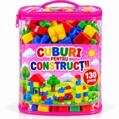 Set Cuburi de Constructie pentru copii, joc educativ si creativ, cu geanta de depozitare, 130 piese, roz/ multicolor, 3 ani+