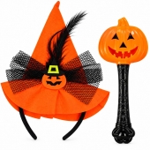 Set Halloween pentru copii, Bentiță cu Pălărie de Vrăjitoare și baghetă luminoasă cu dovleac, portocaliu