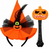Set Halloween pentru copii, Bentiță cu Pălărie de Vrăjitoare și baghetă luminoasă cu dovleac, portocaliu/negru