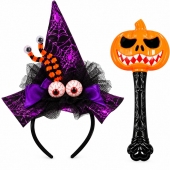 Set Halloween pentru Copii, bentiță Vrăjitoare cu Păianjen și baghetă luminoasă dovleac, 2 Piese, mov/portocaliu